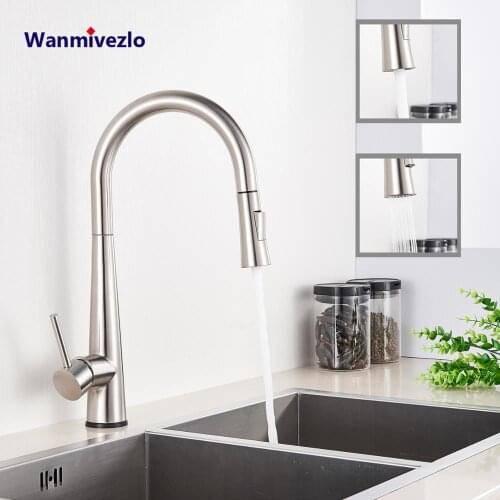 Brushed Nickel Kitchen Faucet Deck Mounted Single Handle Pull Down Kitchen Sink Faucet Dual Water Outlet Mixer Tap Crane