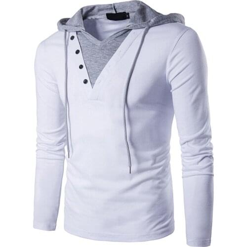 Mens Hooded T-Shirt Casual Personality Long Sleeve Fake Two Pieces Tops Color Block Patchwork Hooded Pullover
