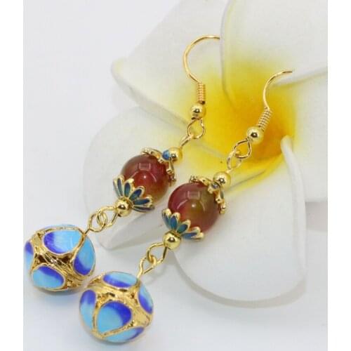 New Arrival Gold-color High Grade Long Drop Earring Jades Gift Cloisonne Multicolor Chalcedony Dangle Earrings for Women B2616