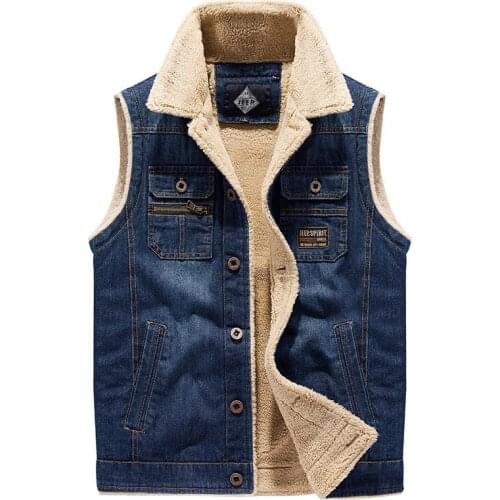 Autumn Winter Vest Men Sleeveless Jacket Waistcoat Thick Warm Fleece Casual Denim Jackets Coats Multi-pockets Fur Collar Jacket