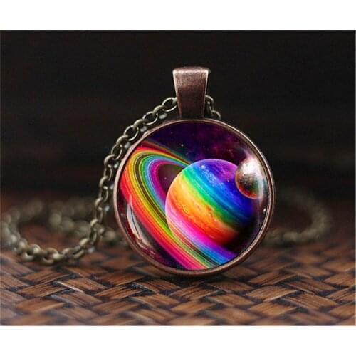 SUTEYI Vintige Red Bronze Solar System choker Necklace Planet Universe Galaxy Pendant Necklace Clothes Chain Glass Dome Necklace