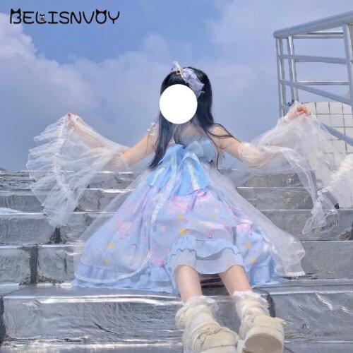 Kawaii Girls Lolita Jsk Dress Summer Y2K Japanese Cute Bow Lace Vintage Spaghetti Sling Printed Dress Tube Top Suspender Dress