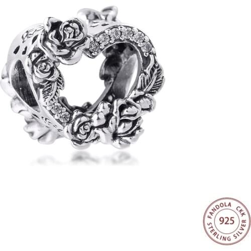Fits Original Pandora Bracelet 925 Sterling Silver Open Heart & Rose Flowers Charms Clear CZ Beads DIY Jewelry Making Berloque