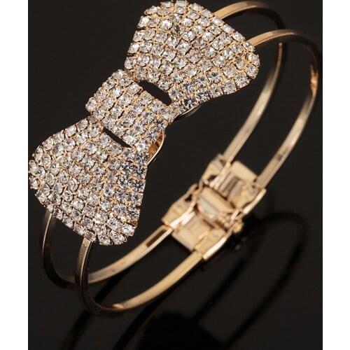 PPG&PGG New Fashion Charm Jewelry Women Gold Silver Color Bracelet Chain Crystal Bowknot Cuff Open Bangle For Brithday Gift