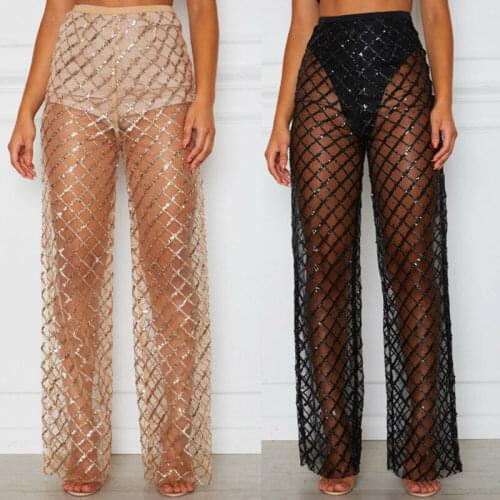 See-Through Sheer Mesh Bikini Cover-ups Trousers Womens Sequins Gridding Pants Swimsuits 2020 Fashion New Female Beach Pants