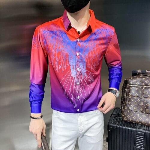 New 3D Striped Eagle Print Mens Shirt Luxury Gradient Color Long Sleeved Shirt Mens Nightclub Casual Slimfit Mens Social Shirt