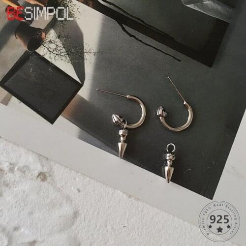 Besimpol Two Ways to Wear 925 Sterling Silver Stud Earrings Vintage Cool Hip Hop Earrings For Women Female Fashion Fine Jewelry