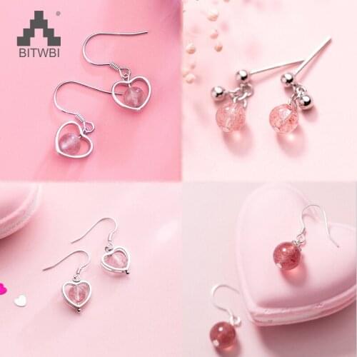 100% 925 Solid Real Sterling Silver Hollow Heart Strawberry Crystal Dangle Earring For Girl Friend Women Fine Fashion Jewelry