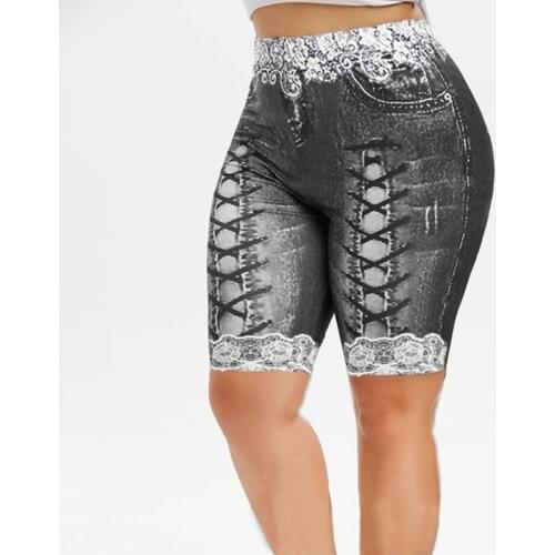 Women Plus Size thin 3D Print Lace Patchwork Bandage Bermuda shorts for Bodycon Shorts Elastic Skinny Imitation Denim Feminino