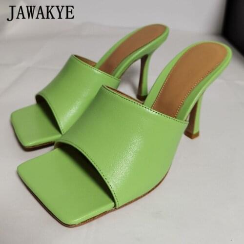 Leisure Dress Solid High Heel Women Slippers Square Toe One Strap Quality Leather Mulers Simple Style Slip-on Candy Color Slides