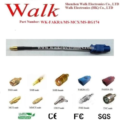 FAKRA connector jumper cable: long type FAKRA male straight to MCX male straight with rg174 cable