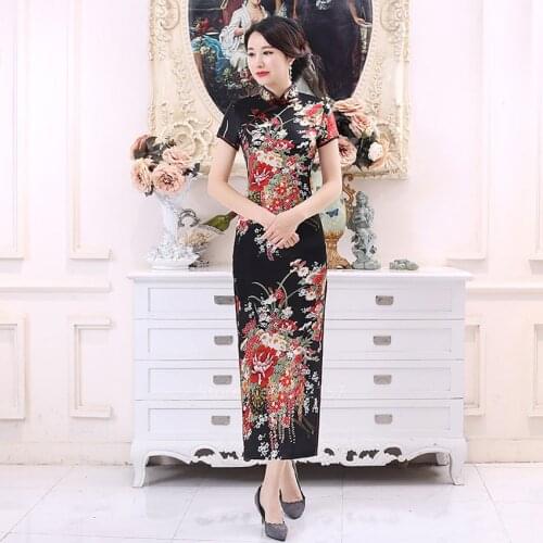 Chinese Traditional Clohting for Adult Women Wedding Party Stain Silk Floral Printed Elegant Tight Split Sexy Dress Plus Size