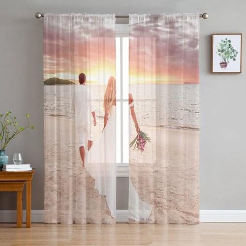 Beach Sunrise Wedding Photo Tulle Curtains For Living Room Bedroom Voile Curtain Home Decoration Sheer Balcony Door Curtain