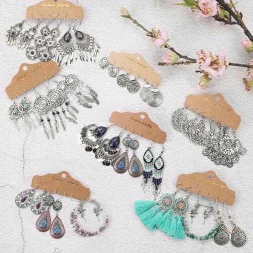 Mixed Vintage Boho Earrings Set For Women Silver Color Feather Tassel Dangle Drop Earrings Charm Ethnic Set Jewelry Accessories