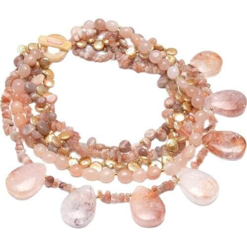 GuaiGuai Jewelry 5 Rows Natural Gold Coin Pearl Red Quartzs Rutilated Sunstone Jade Necklace 18'' Handmade For Women