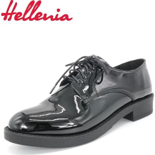 Hellenia Lower Heel shoes working Office lady pump Round Toe Black Dress Patent shoes Business Comfort Lace up Autumn Designer