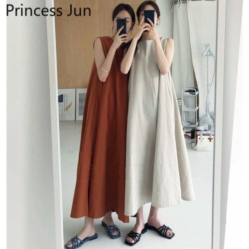 Korean Chic Simple Style Long Dress 2021 New Summer Elegant Lady Fashion Big Swing Dress O Neck Sleeveless Loose Casual Dress