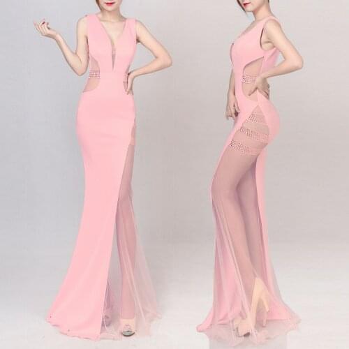 New Style Sexy Full Length Slim Hollow Out Mesh See Through Clubbing Dresses Lady Skinnyt V Neck Sleeveless Evening Party Robes