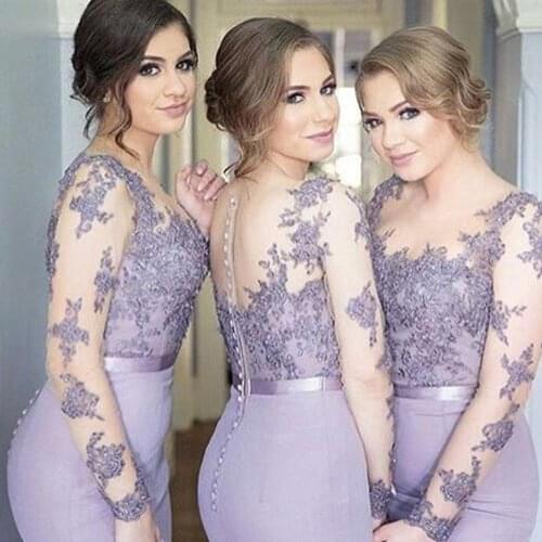 Lilac bridesmaid dresses long sleeves Mermaid Appliques Beaded Long Wedding Party Dresses custom vestido de fiesta de boda robe