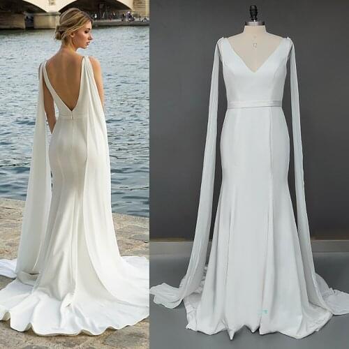 Double V-Neck Mermaid Wedding Dress Bodycon Simple Backless 2021 New Detachable Chiffon Drape Zipper Simple Beach Bridal Gowns