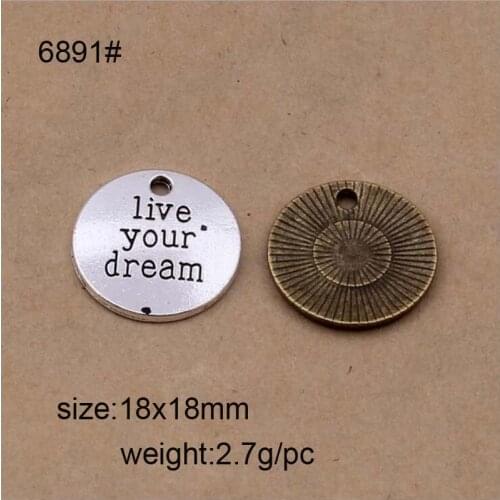 20pcs/lot Antique Silver Color Alloy 18x18mm Round Alphabet Charm Word Live Your Dream For DIY Jewelry