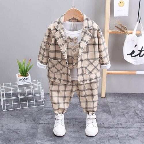 Baby Boys Girls suit T-shirt Pants 3Pcs/Set Children plaid formal Clothes Toddler suits Spring Autumn Kids Cotton Clothing Sets