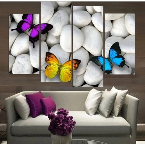 4 Panel Art Canvas Painting Butterfly White Cobble HD Printed Wall Poster Home Decor Picture for Living Room sofa background