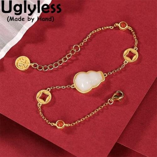 Uglyless China Old Dynasty Money Coins Bracelets Women Be Rich Business Gifts Jewelry Set Jade Gourd Bracelet Pendant 925 Silver