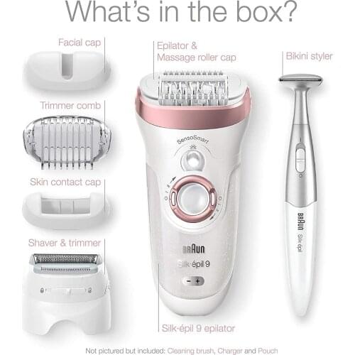Braun Epilator Silk-épil 9 9-890 Facial Hair Removal for Women, Bikini Trimmer, Womens Shaver Wet & Dry, Cordless and 7 extras