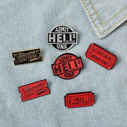 Film Tickets Enamel Pins Cinema Hell Admit One Badges Custom Brooches Clothes Lapel Pin Punk Black Red Jewelry Gift Wholesale
