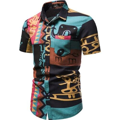 Fashion Ethnic Print Short Sleeve Hawaiian Shirt Men 2021 Summer New Cotton Linen Shirt Mens Casual Harajuku Shirts with Pocket