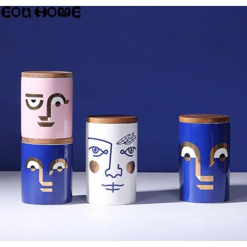 Ceramic seasoning pot, round wooden lid, used to store spices, tea, coffee, kitchen sealed storage box, Nordic face decoration