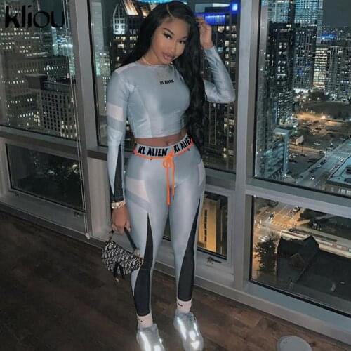 Kliou High elastic letter print Fitness tracksuit woman 2 piece set skinny Long sleeves crop Top slim Leggings Sportswear Suit