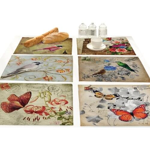 Cartoon Butterfly Birds Print Linen Fabric Placemat for Dining Table Manteles Flower Design Kitchen Decoration Accessories