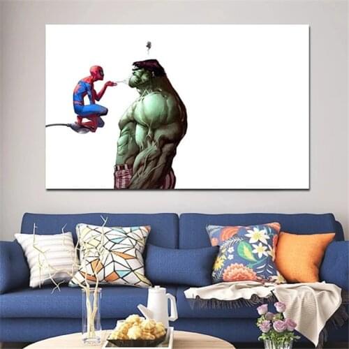 White Wall Funny Art Prints and Posters Spiderman and The Hulk Daily Life Canvas Figure Painting Pictures Kid Room Decor Cuadros