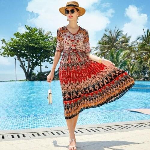 Casual Loose 4XL Plus Size Beach Midi Dress 2021 Summer Women Print Short Sleeve Vintage Sundress Elegant Bodycon Party Vestidos