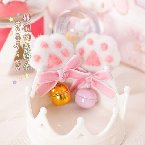 Hand Made Plush Cat Paw Headwear Sweet Lolita Girl Hairpin Bowknot Wool Felt Edge Clamp Kawaii Cute Bells Side Clip Badge Chic