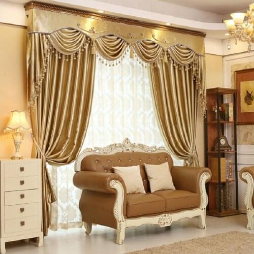 Luxury Golden Curtains for Living Room Blackout Window Curtains Elegant Drapes Custom European Curtain with Valance and Tulle