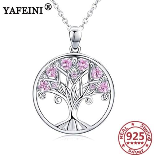 YAFEINI 925 Sterling Silver Life of Tree Pendant Necklace With Pink Cubic Zircon Silver Chains Mothers Day Gift Graduation Gift