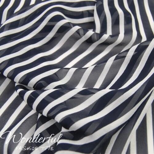 Silk Georgette Chiffon Fabric Dress Vertical Stripes White 0.6cm/Navy Blue Black 1cm Skirt Shirt DIY Patchwork Tissue