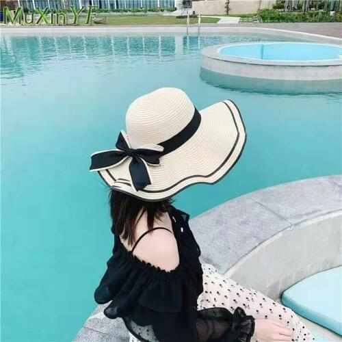Womens Hats 2021 Spring Summer New Bow-Knot Big-Brimmed Straw Cap Female Sunscreen Sunshade Fashion Seaside Big-Edge Beach Hat