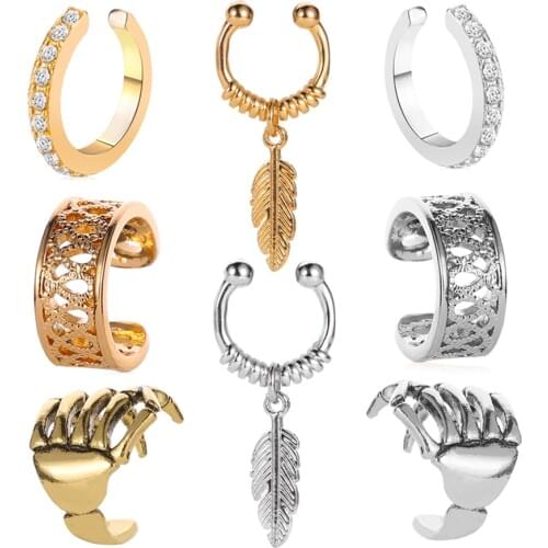 Starose 1pc Leaf Paw Ear Cuffs Crystal Fake Earrings for Women Skull Ear Piercing Helix Earring Fake Piercing Nose Ring Earcuff