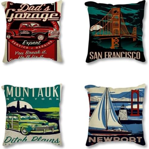 Vintage Linen Cushion Hot Rods Car Art Minimalist Printed Throw Pillow San Francisco Picture Decorative Cushion Sofa Home Decor