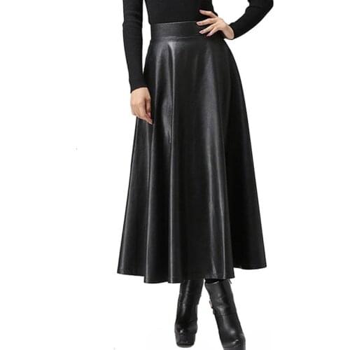 JIEZuoFang Winter Spring Faux Leather High Waist Medium and long size large size A-line skirt solid color versatile skirt