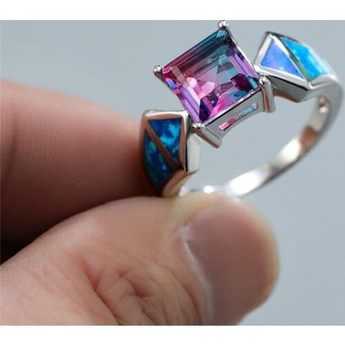 Female Cute Blue Fire Opal Stone Ring Rainbow Crystal Square Blue Green Zircon Ring Vintage Silver Color Wedding Rings For Women