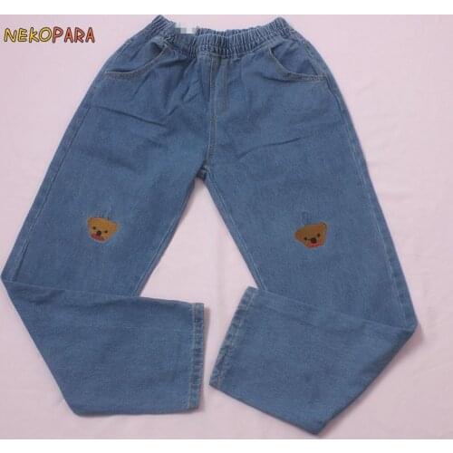 Vintage Cute Bears Embroidery Womens Long Trousers Blue Jeans Casual Loose Wide Pants Elastic Waist