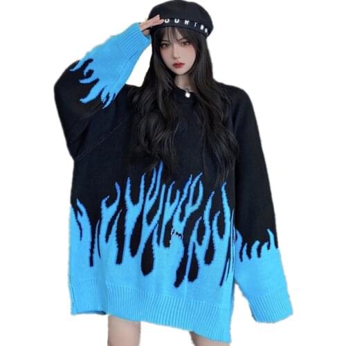 2021 Spring Burning Fire Pattern Sweater Harajuku Hip Hop Blue Flame Sweaters Women Outfits Oversized Loose Pullover Knitwear