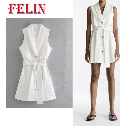 Za Women White Party Dress Summer Sexy V-Neck Sashes Mini Dress Fashion 2021 Sleeveless Vest Dress Drapped Vestidos Mujer