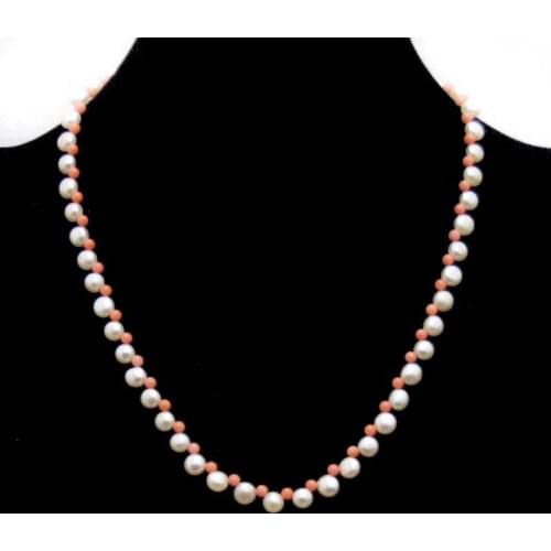 Qingmos 7-8mm Flat Round Side Drilled Natural Pink Pearl Necklace for Women with 3-4mm Pink Coral Necklace 17'' Chokers Jewelry