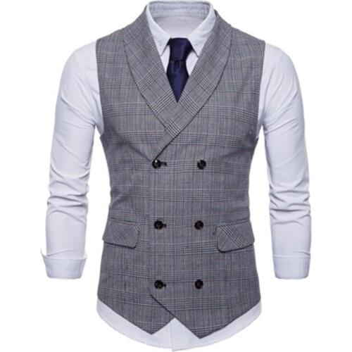 2020 New Gray Plaid Waistcoat Men Formal Dress Suit Vest Fall Spring Wedding Waistcoats Men Plus Size Sleeveless Jacket